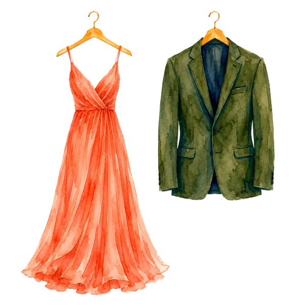 Ilustración de acuarela de un vestido y un saco en perchas