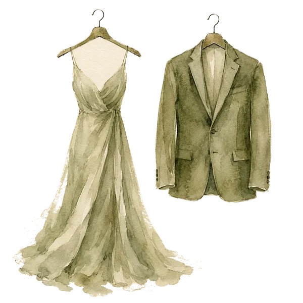 Ilustración de acuarela de un vestido y un saco en perchas