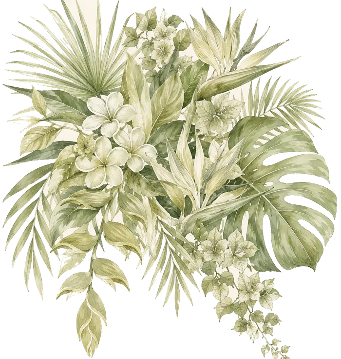 Emblema de la boda: ilustración de un buqué de flores con los nombres Natalia y Bernardo